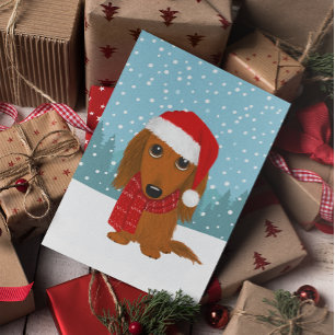 Longhaired Dachshund Santa Wiener Dog Christmas Holiday Card