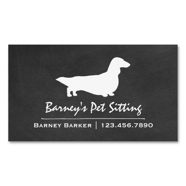 Longhaired Dachshund Silhouette Chalkboard Style Magnetic Business Card (Front)