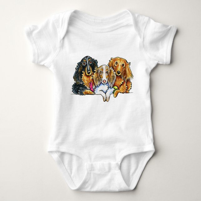 Longhaired Dachshund Trio Baby Bodysuit (Front)