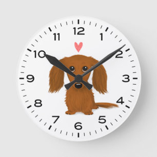 Longhaired Dachshund with Valentine Heart Cute Dog Round Clock