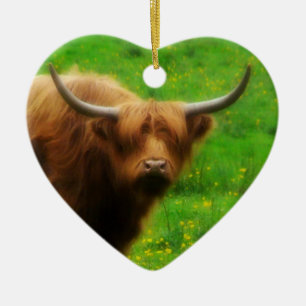Longhaired LongHorn with Long Horns Ceramic Tree Decoration