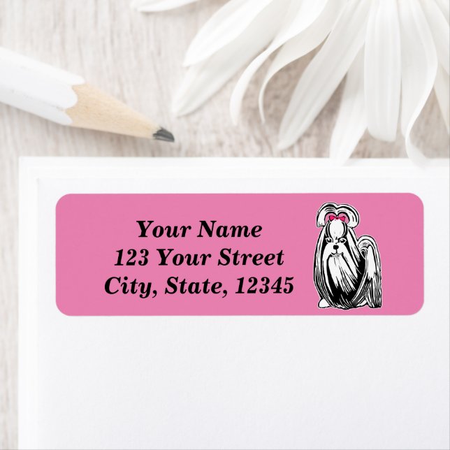 Longhaired Shih Tzu Dog Pink Return Address Labels (Insitu)