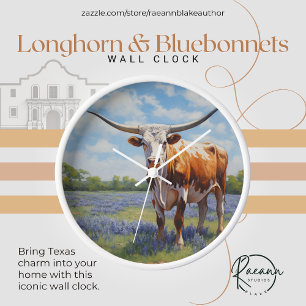 Longhorn and Bluebonnets Wall Clock