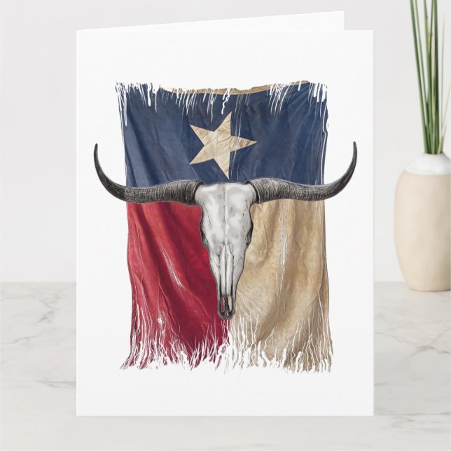 Longhorn Bull Skull Distressed Worn Texas Flag Card (Front)