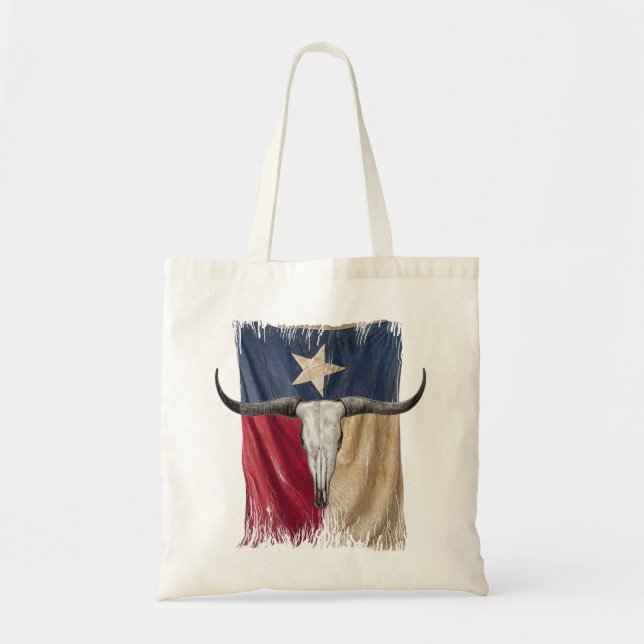 Longhorn Bull Skull Distressed Worn Texas Flag Tote Bag (Front)