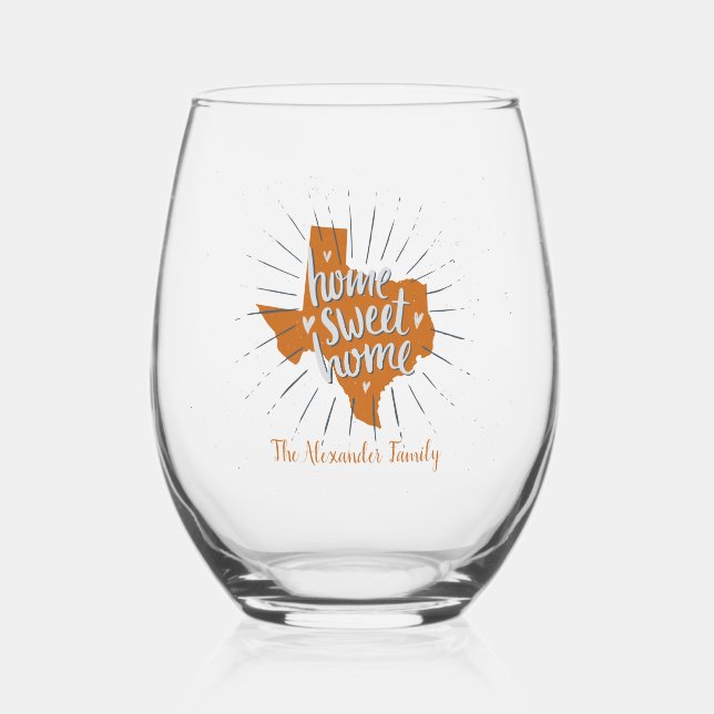 Longhorn Burnt Orange Home Sweet Home - Texas Stemless Wine Glass (Left)