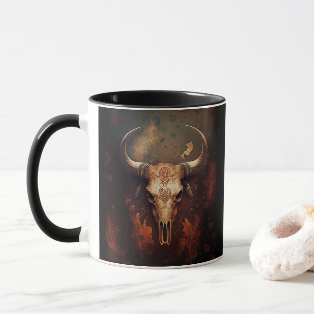 Longhorn Cow Skull Rustic Mug (With Donut)