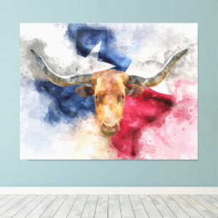 Longhorn cow with Texas Flag Map Watercolor Canvas Print