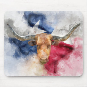 Longhorn cow with Texas Flag Map Watercolor Mouse Pad