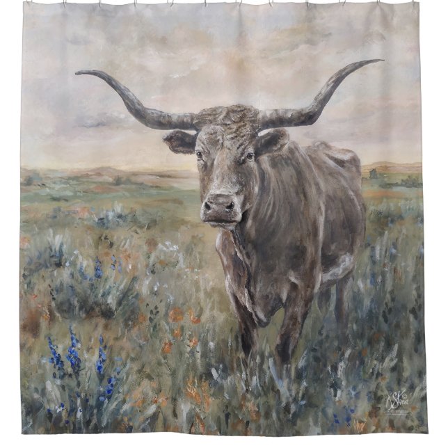"Longhorn" Hand painted Shower Curtain (Front)