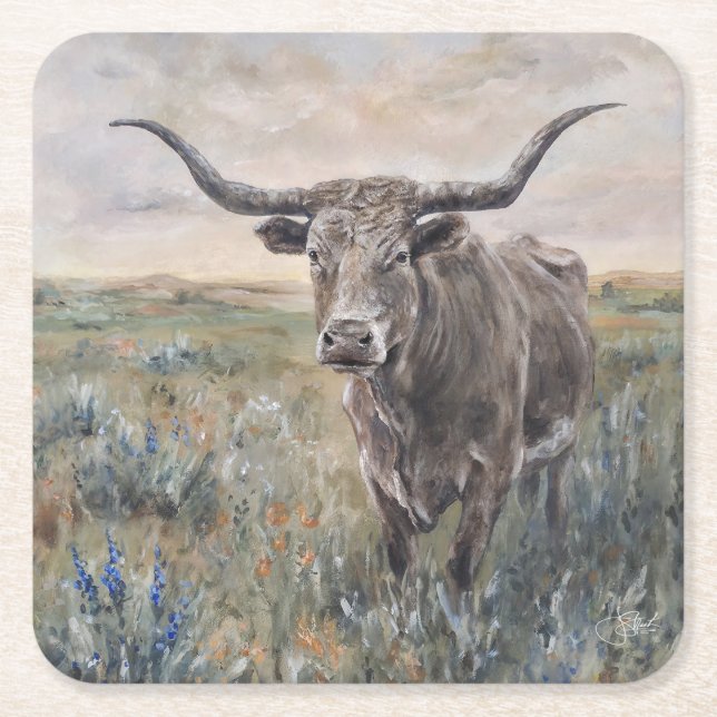 "Longhorn" Hand painted Square Paper Coaster (Front)