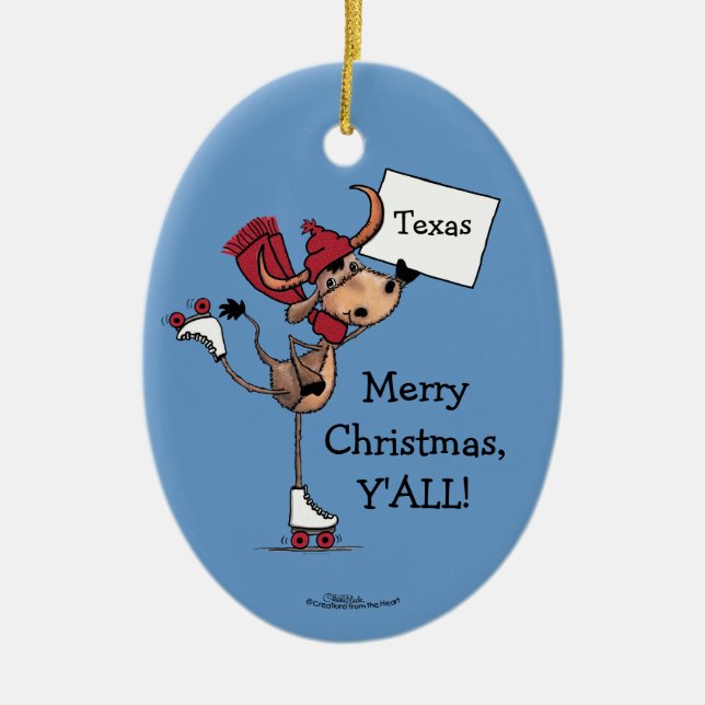 Longhorn Roller Skating-Merry Christmas Y'all! Ceramic Tree Decoration (Front)