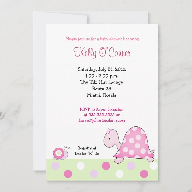 Lonnie's Pink Turtle Baby Shower Invitation (Front)