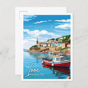 Looe England vintage travel illustration Postcard