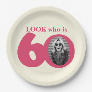 Look 60th birthday photo cream pink paper plate