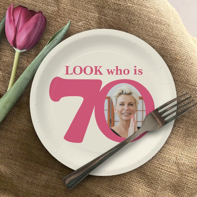 Look 70th birthday photo cream pink paper plate (Creator Uploaded)