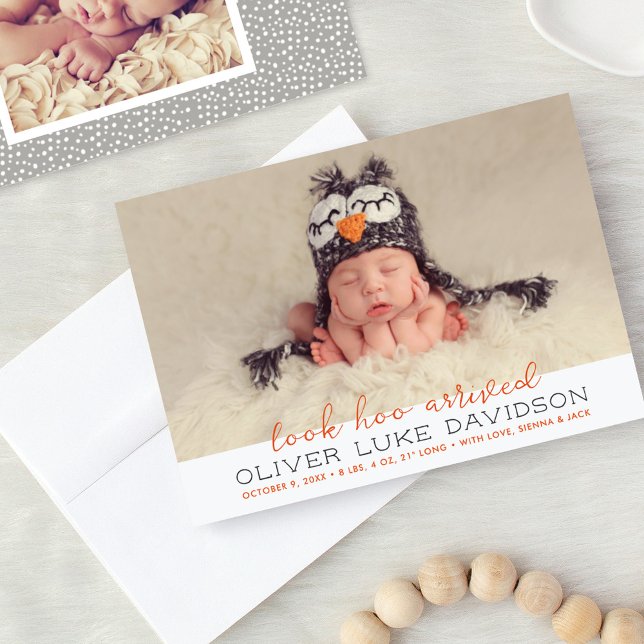 Look Hoo Arrived Orange Owl Baby Photo Fall Birth Announcement (Creator Uploaded)