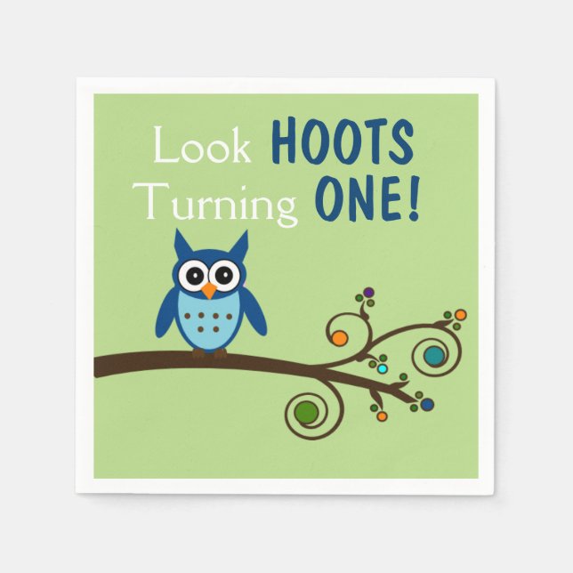 Look Hoots Turning 1 Owl Birthday Napkins (Front)