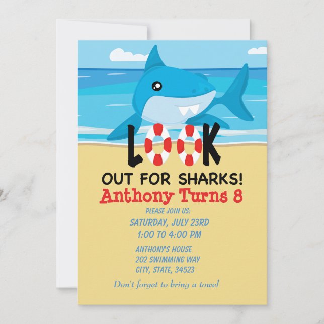 Look Out For Sharks...Beach Birthday Invitation (Front)