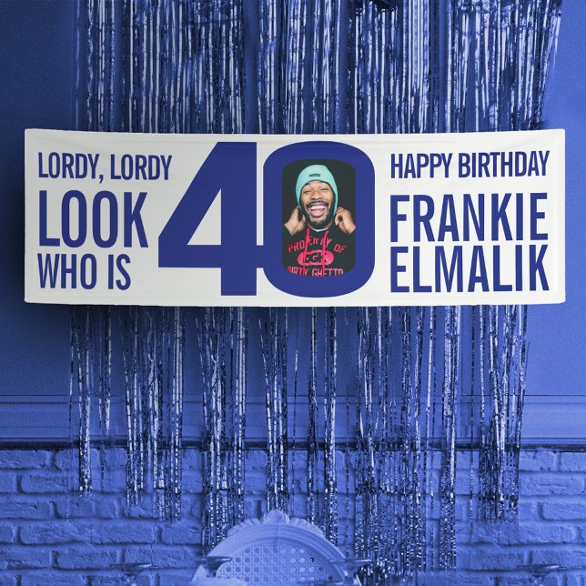 Look who 40 40th birthday party photo blue white banner (Creator Uploaded)