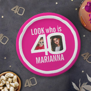 Look who 40th birthday 2 photo white pink party paper plate