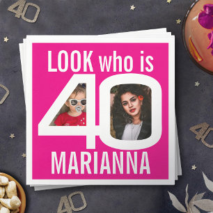 Look who 40th birthday 2 photos white pink party napkin