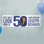 Look who 50 50th birthday party photo blue white banner<br><div class="desc">Personalise this navy blue and white nifty, shifty look who is 50, 50th birthday party banner with your own birthday name and a photograph in the 0 of 50. Simple bold text and personalised photo design. Ideal for using at a fiftieth birthday party or to hang in the office to...</div>