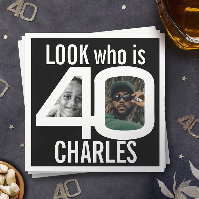 Look who is 40th birthday 2 photos black party napkin (Creator Uploaded)