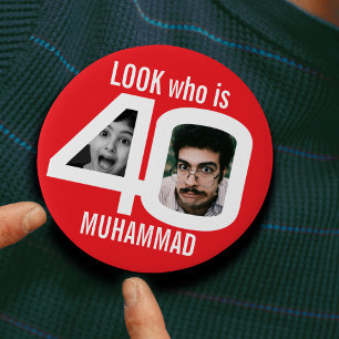 Look who is 40th birthday 2 photos red party 3 cm round badge