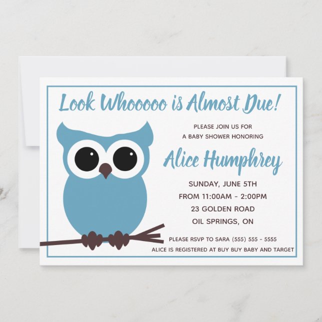 Look Who is Almost Due!  Blue Owl Baby Shower  Invitation (Front)