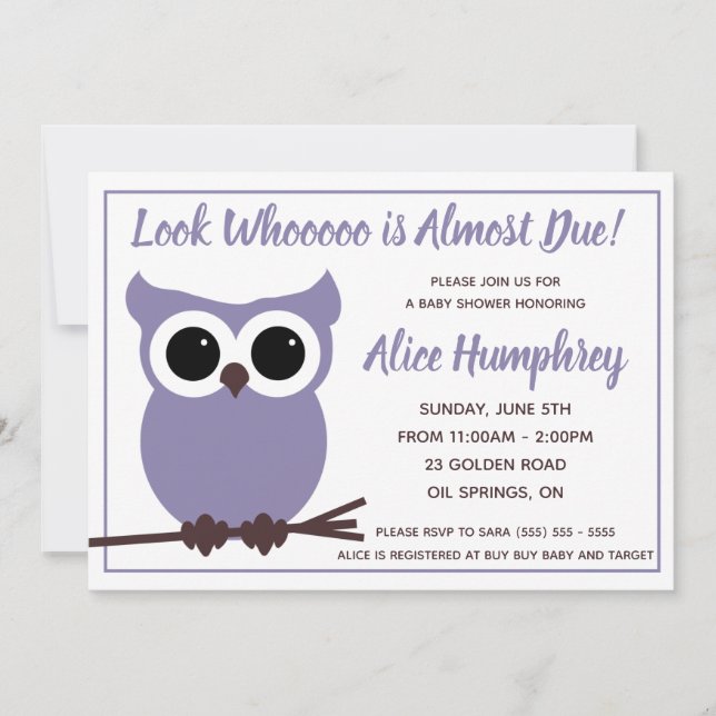 Look Who is Almost Due!  Purple Owl Baby Shower Invitation (Front)