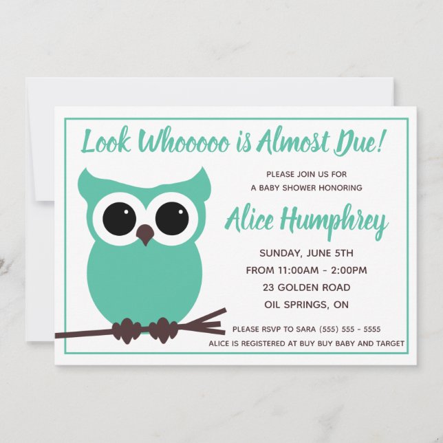 Look Who is Almost Due!  Teal Owl Baby Shower  Invitation (Front)