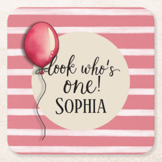 Look who’s one birthday square paper coaster