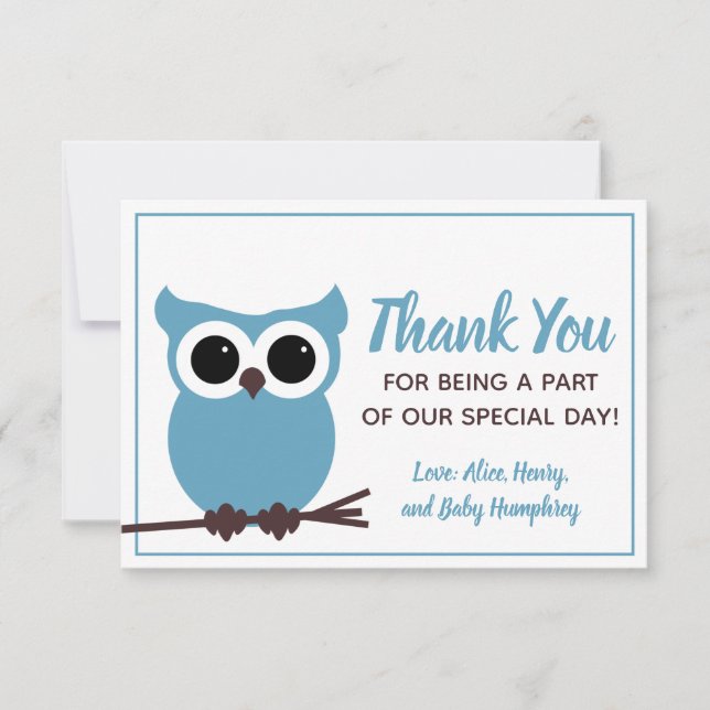 Look Whooo is Almost Due!  Blue Owl Thank You Card (Front)