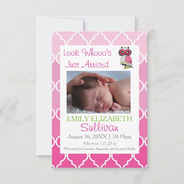Look Whooo's Arrived Pink- 3x5 Birth Announcement. Announcement (Front)