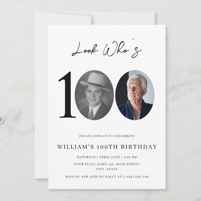 Look Who's 100 Birthday Modern Simple Photo  Invitation (Front)