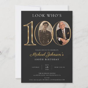 Look Who's 100 Black Gold 100th Birthday Invitation