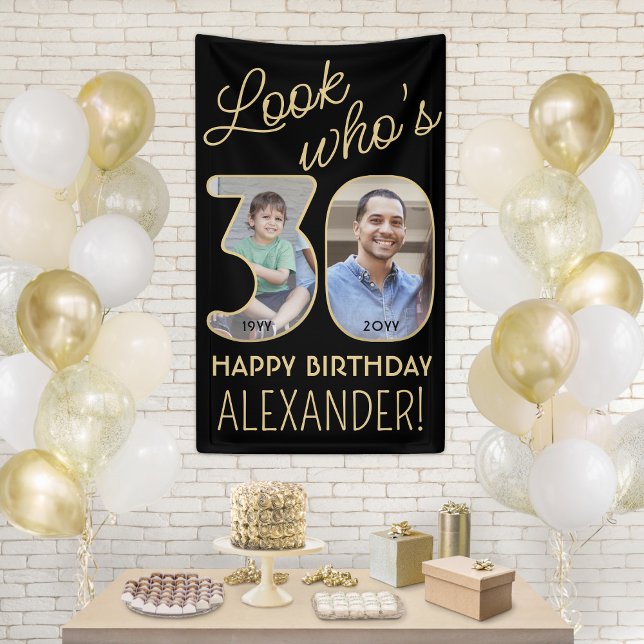 Look Who's 30 Black & Gold 2 Photo Birthday Party Banner (Creator Uploaded)