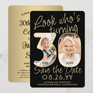 Look Who's 30 Black & Gold 2 Photo Birthday Party Save The Date