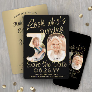 Look Who's 30 Black & Gold 2 Photo Birthday Party Save The Date