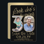 Look Who's 30 Black & Gold 2 Photo Birthday Party Save The Date<br><div class="desc">Look who's turning 30! Invite family and friends to an upcoming 30th birthday celebration with custom photo save the date party invitations. Pictures and wording on this template are simple to personalise. (IMAGE PLACEMENT TIP: An easy way to position a photo exactly how you want is to crop it before...</div>