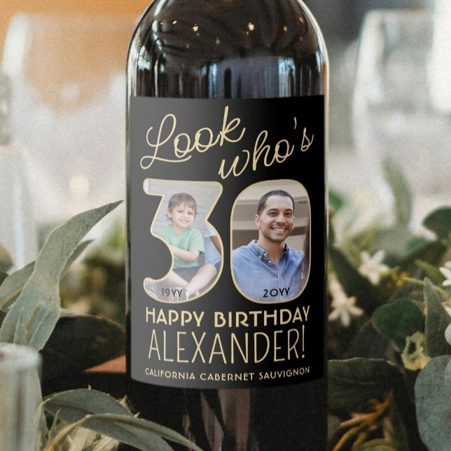 Look Who's 30 Black & Gold 2 Photo Birthday Party Wine Label (Creator Uploaded)