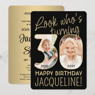 Look Who's 30 Black & Gold Birthday Party 2 Photo Invitation