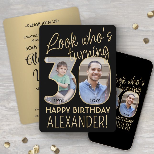 Look Who's 30 Black & Gold Birthday Party 2 Photo Invitation (Creator Uploaded)
