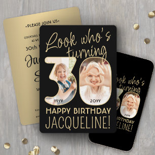 Look Who's 30 Black & Gold Birthday Party 2 Photo Invitation
