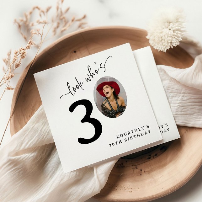 Look Who's 30! Modern Photo 30th Birthday Napkin (Creator Uploaded)