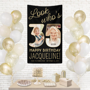 Look Who's 35 Black & Gold Birthday Party 2 Photo Banner
