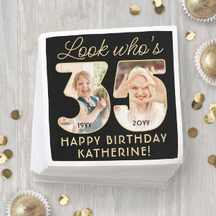 Look Who's 35 Black & Gold Birthday Party 2 Photo Napkin