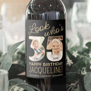 Look Who's 35 Black & Gold Birthday Party 2 Photo Wine Label