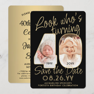 Look Who's 40 Black & Gold 2 Photo Birthday Party Save The Date